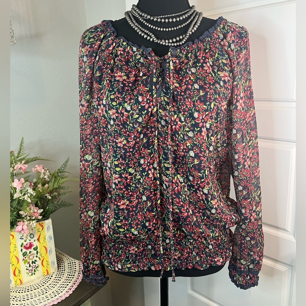 Decree Navy Blue Maroon Green Sheer Elastic‎ Hem Floral Peasant Blouse Sz M Boho